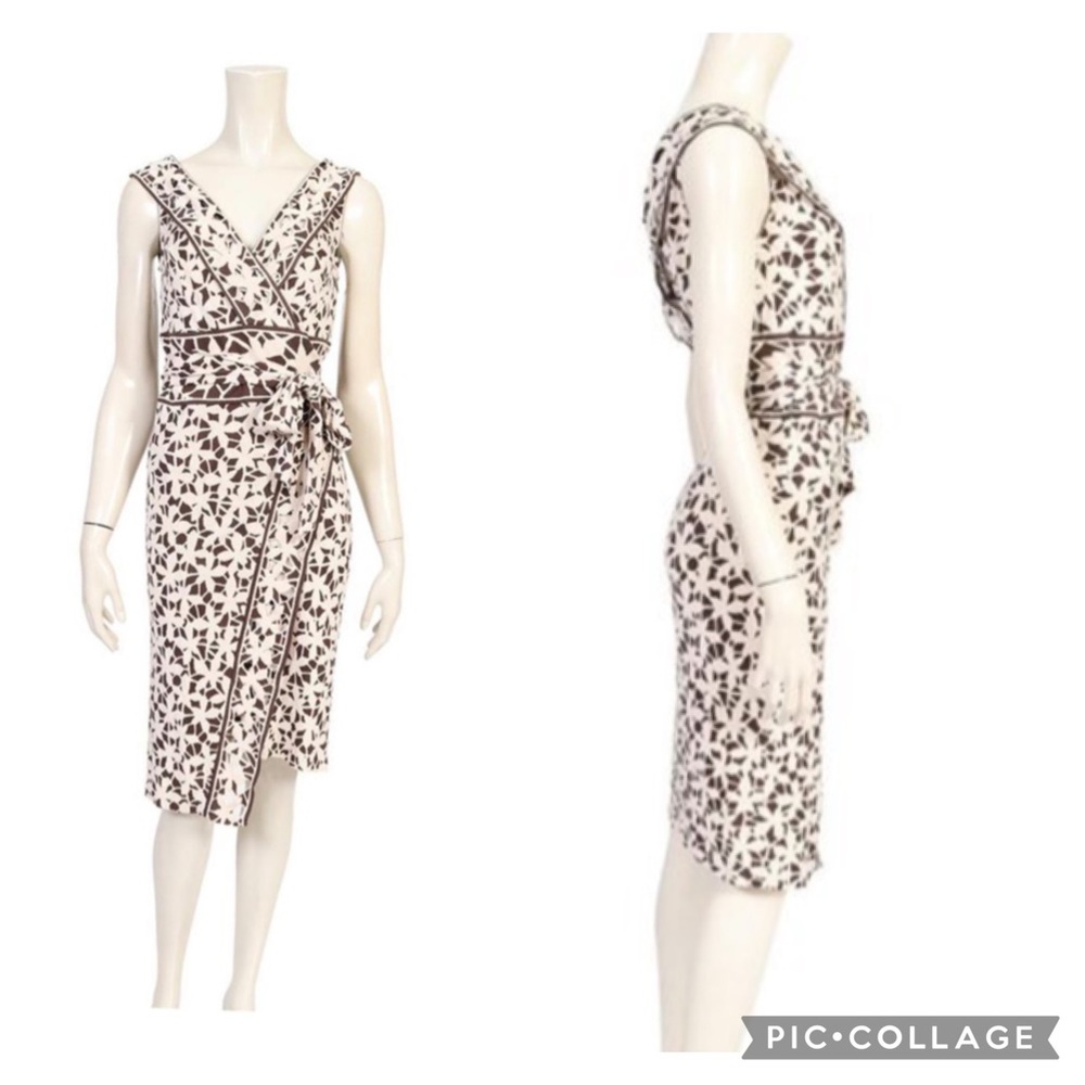 Diane Von Furstenberg Silk Abstract Floral Sleeveless Ivory & Brown Wrap Dress